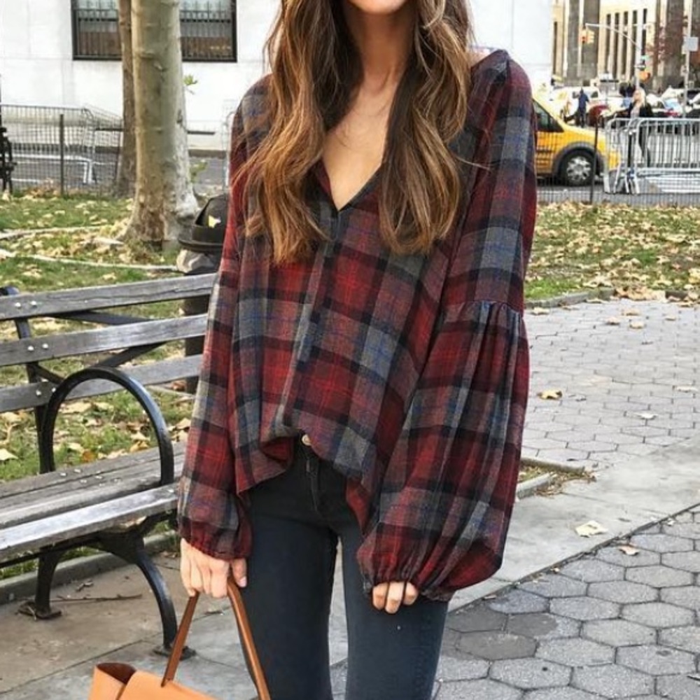Zara wool blend plaid top with balloon sleeve detail
